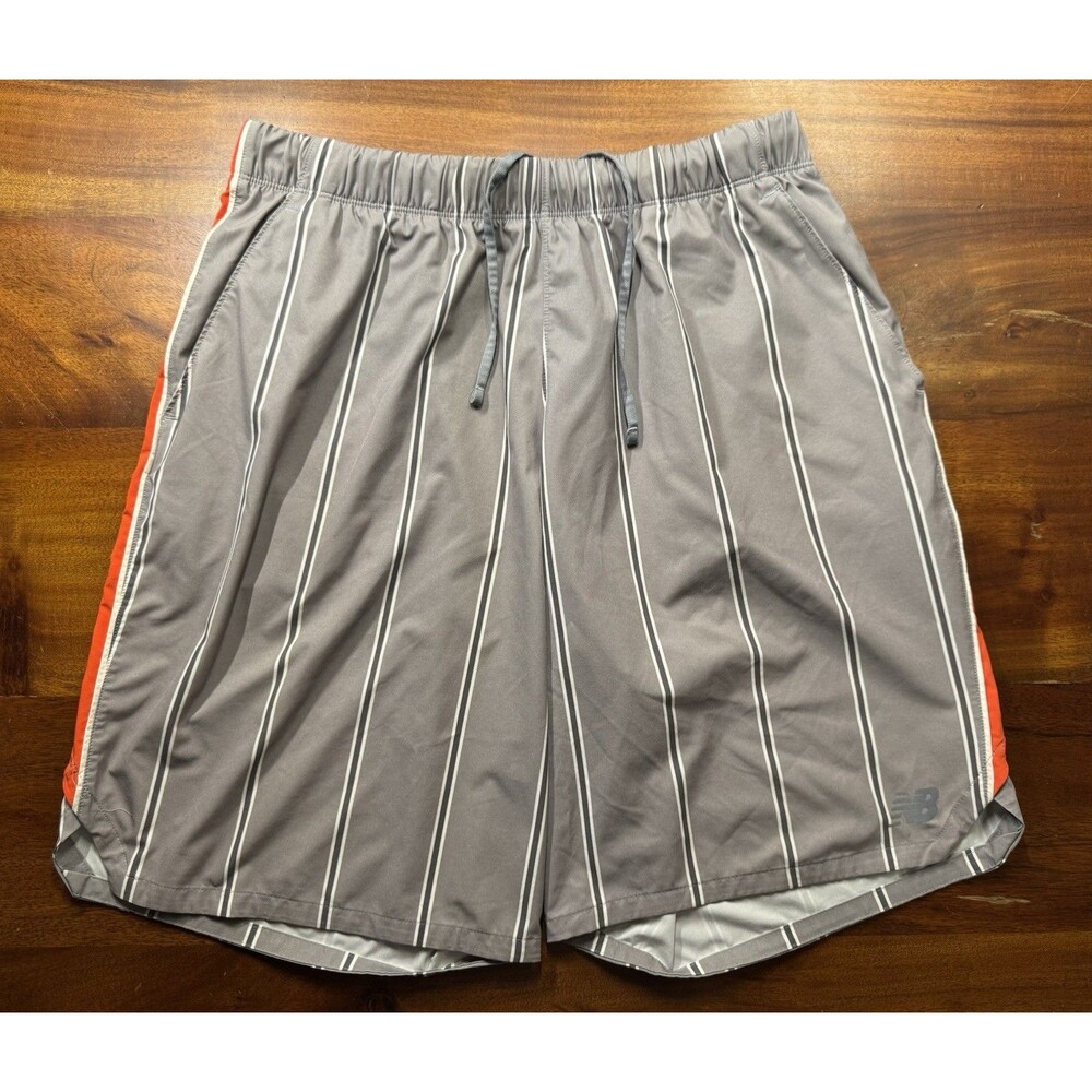 New Balance Mens Pull On Shorts Sz L Gray Striped Running Gym Drawstring